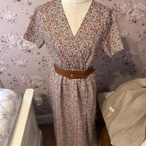 Floral V-Neck Maxi Dress with Belt